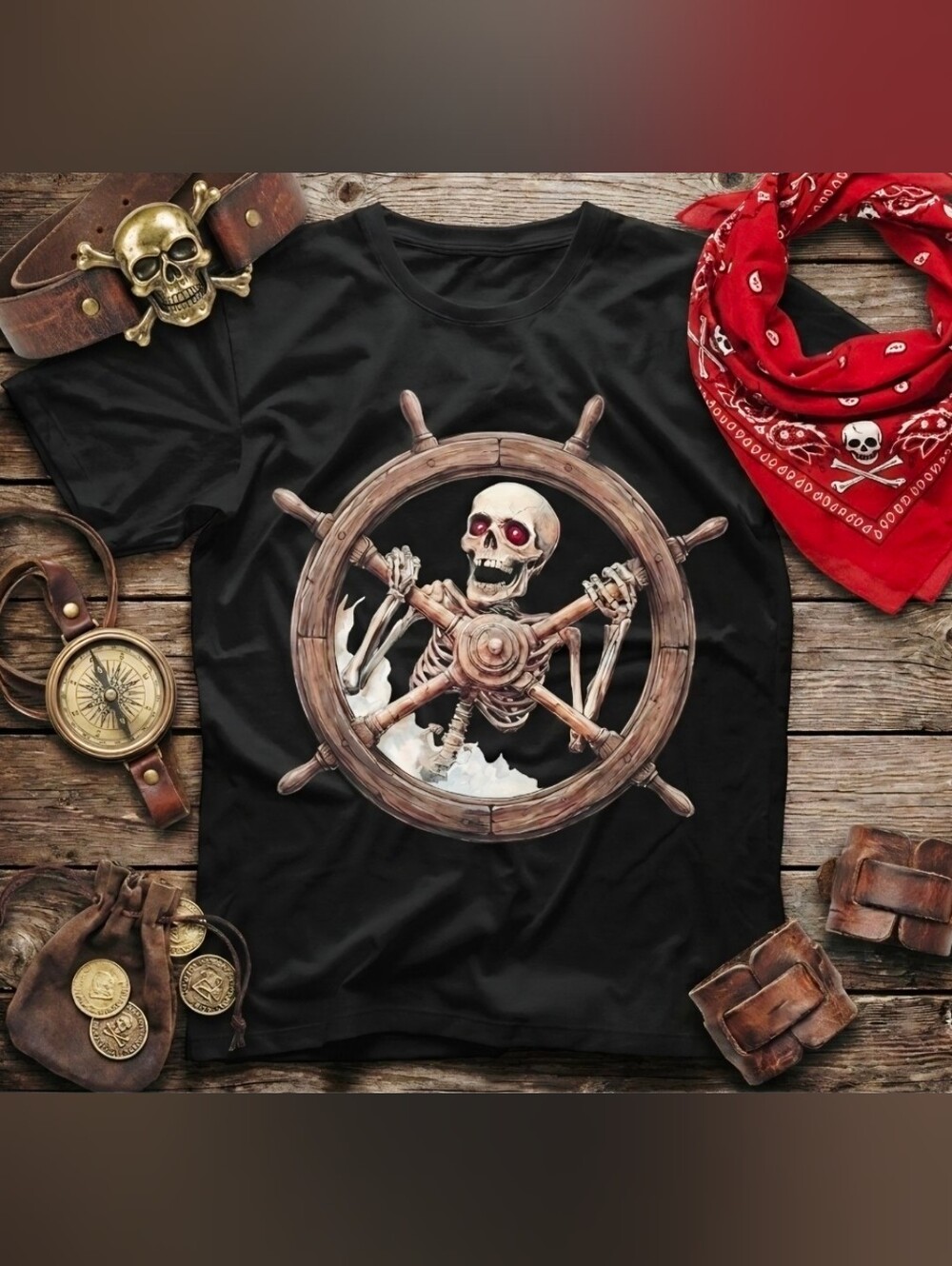 Unisex Skeleton Ship Wheel Tee | Pirate Ghost Graphic Shirt | Nautical Skull